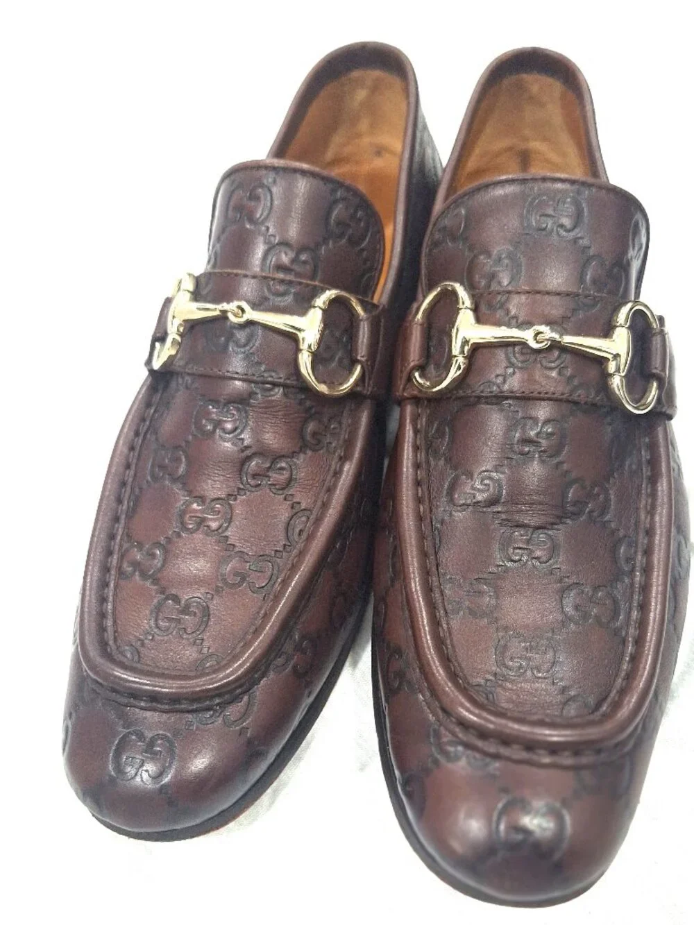 Gucci GG Monogram Leather Horsebit Loafers Brown Gold Hardware EU 40.5